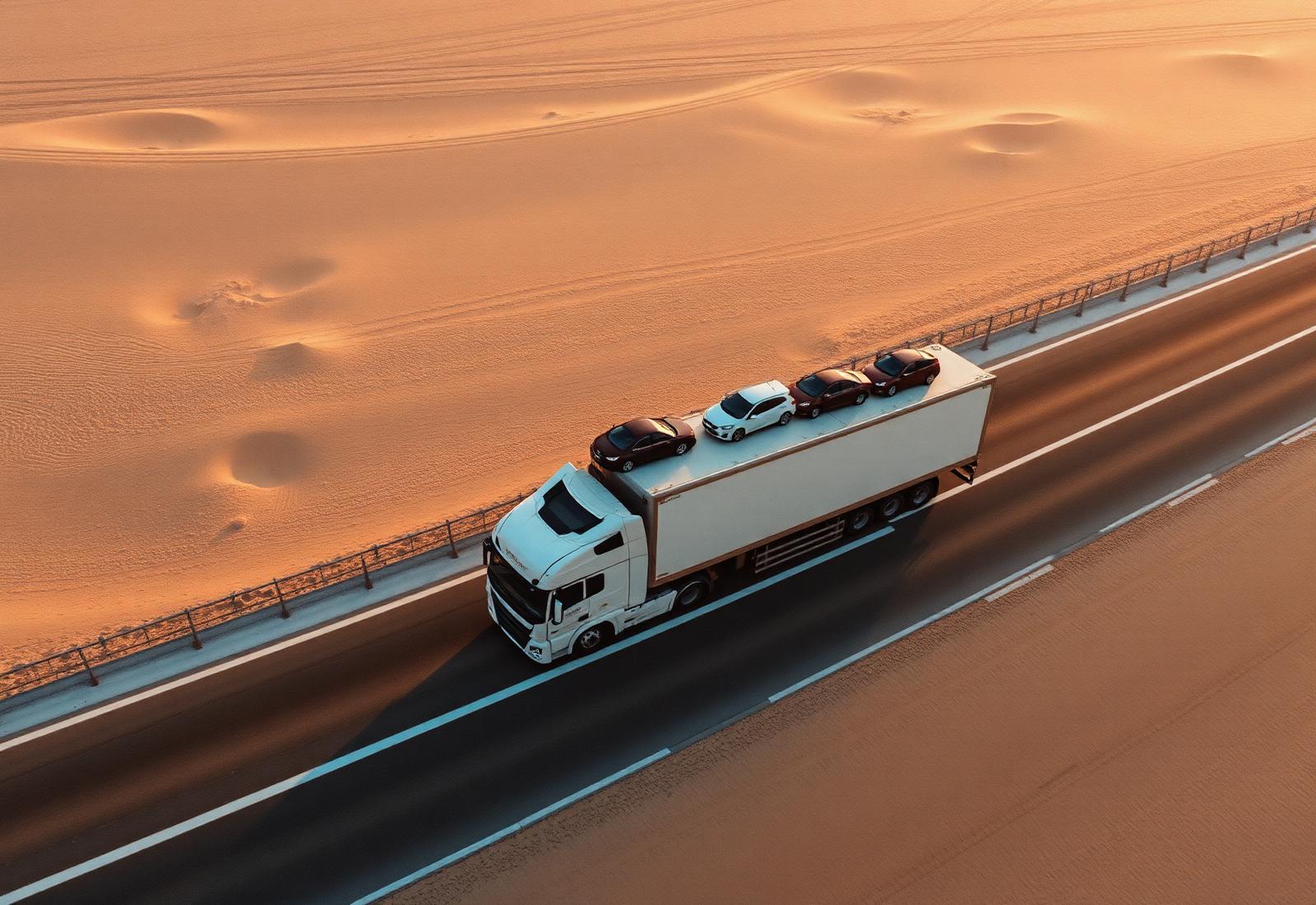 A multi-car transport truck crossing a desert highway at sunset